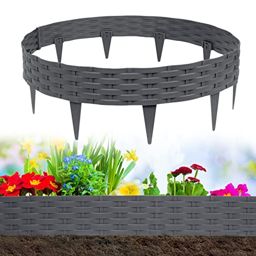 Aufun 15m Rattan Rasenkante Beeteinfassung Kunststoff mit 15 Elemente á 100 cm, Rattan-Optik Design Beetumrandung Biegbarer Mähkante Beetbegrenzung Flexible für Garten (Anthrazit)