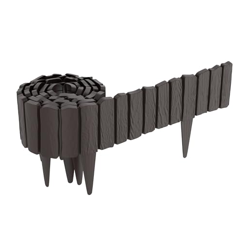 YUENFONG 4,6 m Rasenkante Kunststoff Holzoptik Beeteinfassung, Beetumrandung Rasenkanten Palisadenzaun mit 10 cm Erdspießen, Gartenpalisade Blumenbeet Beetzaun, Braun