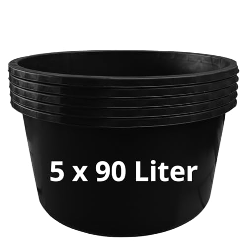 Mörtelkästen 65-90 liter | Mörtelkübel rund oder eckig | Kunstoff-Wannen in Markenqualität | Pflanzkübel für Hochbeet (5 x 90l rund)