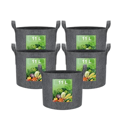 VIEWALL 5 Stück 11 L Pflanzsack aus Stoff,Stofftopf,Kartoffelsack mit Griff, Wiederverwendbare Pflanztasche für Den Anbau von Kartoffeln, Tomaten,Gemüse,Verdickter und Belüfteter Pflanztopf Grau