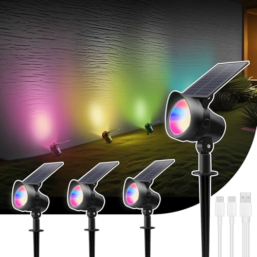 ALUSSO 4 Stück RGB Solar Gartenleuchte, Farbig Solarlampen für Außen Garten, IP65 Wasserdicht Solarstrahler für Außen, Bunt Solarleuchten für Garten Weg Terrasse Halloween Weihnachten Deko,3 Modi