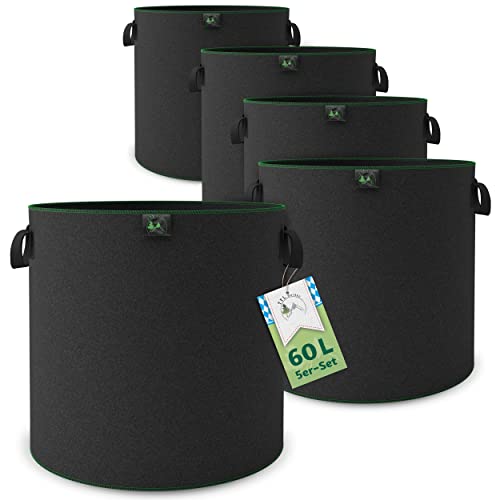 TTL Garden 5X 60L Pflanzsack aus Vlies Stoff - 5er Set 60 Liter Pflanztaschen aus 300 g/m² Filz & Vliesstoff - Pflanzgefäß Pflanzbeutel Wachstumstasche für Balkon Terrasse Gewächshaus & Garten