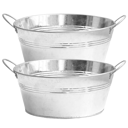 Pesoncarl Verzinkter Pflanzer 2 Stück Große runde verzinkte Wanne mit stabilen Griffen 9,76 x 4,33 Zoll Metall Pflanzer Zinkwanne zum Pflanzen, Getränkekühler, Eiseimer, Blumentöpfe