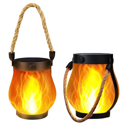 Flammen-Solarlaterne, Solar Laternen für Draußen mit Realistische Flammeneffekte,1500 mAh, 2-in-1 Solarladung und USB wiederaufladbar, IPX4 Wasserdicht für Außen Hof Balkon (2 Stück)