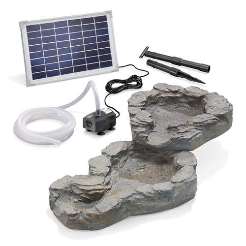 esotec Solar Bachlauf für Gartenteich Komplettset | Zwei Bachlauf-Schalen in Naturstein-Optik Erdspieß Solarmodul | Solarbrunnen für draussen | Wasserpiel Garten Vogeltränke Wasserfall 101308