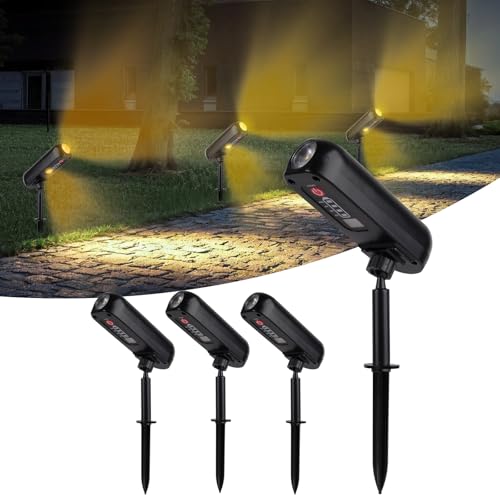 T-SUN 4 Stück Gartenstrahler Solar, 3000K Solarlampen für Außen, LED Strahler Solar mit IP65 Wasserdicht, 2 Beleuchtungsmodi Dusk to Dawn Gartenleuchten für Hof Garten Bäume Haus Garage Weg