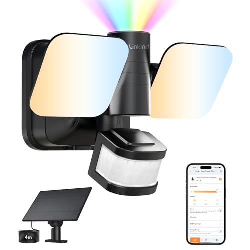 Linkind Smart Hybrid Außenstrahler mit 2-Stromversorgung, 25W/3000LM LED Scheinwerfer mit Solar & Elektrizität, IP65 Außenleuchte mit Bewegungsmelder, CCT Dimmbar, Timer & RGB Nachtlicht