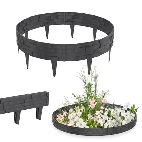 YRHome 15m Steinoptik Rasenkante Kunststoff Beeteinfassung Gartenpalisade Beetumrandung Mähkante Garten Beetbegrenzung Blumenbeet Umrandung Flexible Beetzaun Gartenpalisade - Anthrazit