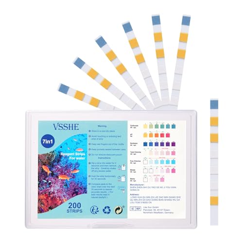 Adiwo 7 in 1 Aquarium Teststreifen,200 Aquarium Wassertest zum Testen von Gesamthärte Gesamtalkalinität Karbonat Nitrat Nitrit Freiem Chlor PH Genauer Salzwasser Süßwasser Streifen Aquarium Test Kit