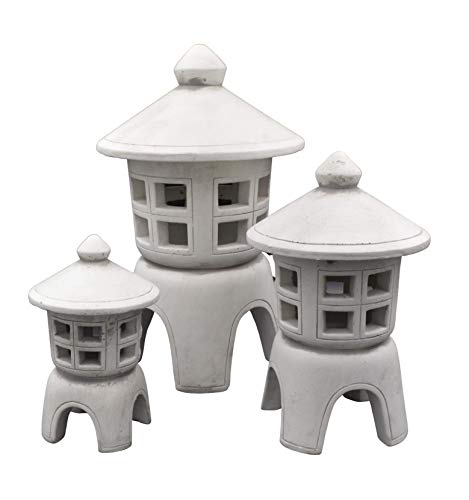gartendekoparadies.de Set mit DREI japanischen Oki-Gata Steinlaterne, H. 45/32/23 cm, 24 kg, Grau, frostsicher aus Steinguss für Außenbereich