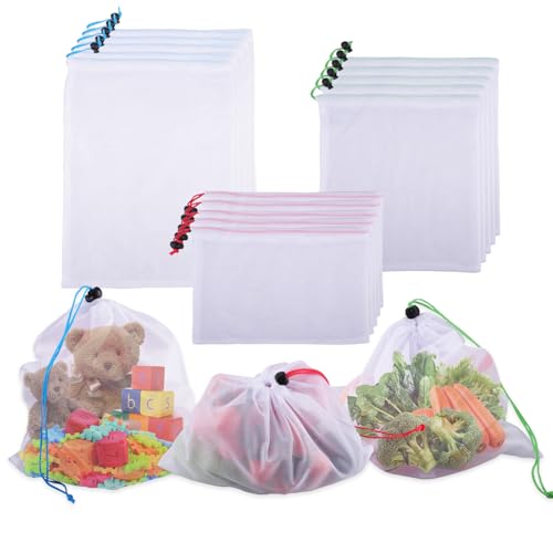 Velicber 15 Stück Obst- und Gemüsebeutel, Wiederverwendbare Netzbeutel, Gemüsebeutel mit Kordelzug, Faltbar Mesh Bag in 3 Größen, Einkaufstasche für Obst und Gemüse zur Aufbewahrung