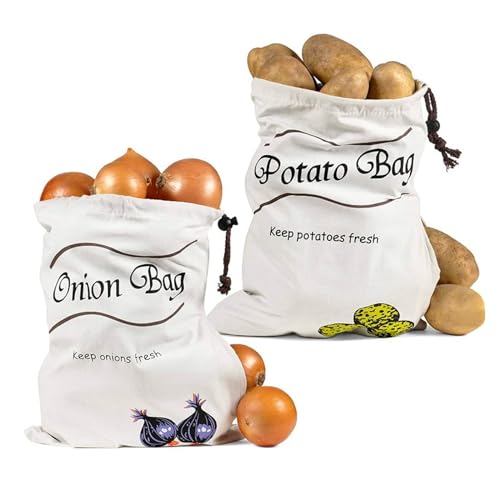 Kartoffel Zwiebel Aufbewahrung Sack, Baumwolle Kartoffelsack Klein mit Seitlichem Reißverschluss Aufbewahrung Zwiebeln Kartoffeln für die Aufbewahrung Frisch Halten 2pcs (26 * 35cm)
