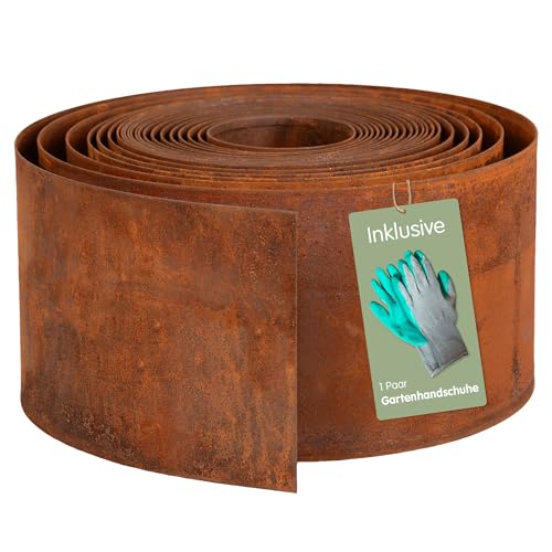 UNUS Rasenkante aus Cortenstahl 5 m x 20 cm Flexible Beetumrandung Rost wetterfeste Metall Beeteinfassung für Garten, Beet, Rasen und Wege inkl. Handschuhe