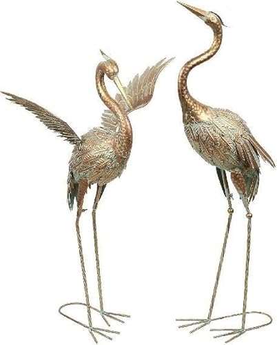 TERESA'S COLLECTIONS Gartendeko für draußen, Fischreiher Metall Kraniche Gartenfiguren für Teich 2er Set 66/63cm große Vogel Kranich im Rost-Optik Dekofiguren Fischteich,Geschenke für Frauen(Bronze)