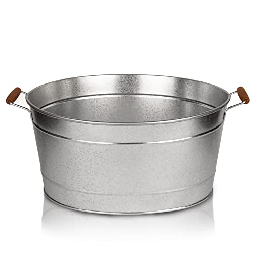 BigDean XXL Zinkwanne - groß + wasserdicht Ø 50cm x 28 cm H - Gartenteich, Miniteich, Blumenwanne, Pflanzschale, Getränkekühler, Eiskübel oval mit stabilen Holzgriffen zum Bepflanzen und Befüllen