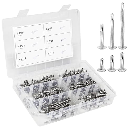 210pcs Selbstschneidende Schrauben, Edelstahl Blechschrauben Selbstschneidend Bohrschrauben Selbstbohrende Schrauben Set M4.2 * 50mm / 38mm / 30mm / 25mm / 19mm / 13mm