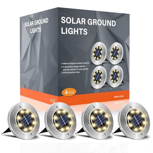 FLOWood Solar Bodenleuchte Solarleuchte für Garten 8 LEDS Solar Außenleuchte Wasserdicht Solar Gartenleuchte Edelstahl Kunststoff Solarlampe für außen Warmweiß 4 Stk [Energieklasse A], DMDW4