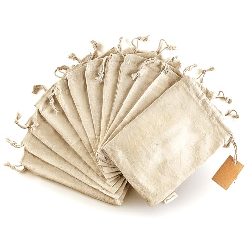 Leafico Wiederverwendbare Baumwollbeutel Klein 13x18 cm – Stoffsäckchen für Geschenkverpackung, Adventskalender, Aufbewahrung von Kräutern, Nüssen, Snacks – Bio Musselinbeutel mit Kordelzug – 12 Stück