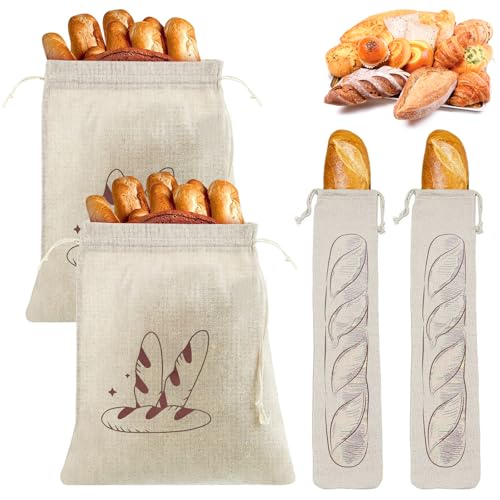 4 Stück Leinen Brotbeutel Aufbewahrung Frischhalten, Brotsack zum Frischhalten Brotsack mit Kordelzug 31x38cm/64x16cm Wiederverwendbar Brotbeutel aus Baumwollleinen, für Brot, Baguette, Obst, Gemüse