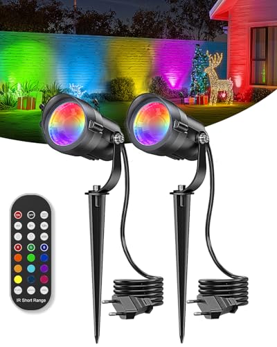 2 Stücke 12W Gartenbeleuchtung mit Fernbedienung und Timer, Dimmbar RGB LED Strahler Garten Gartenstrahler mit Strom, Steuerung Farbwechsel IP65 Wasserdicht Gartenleuchte für Außen Garten Wege