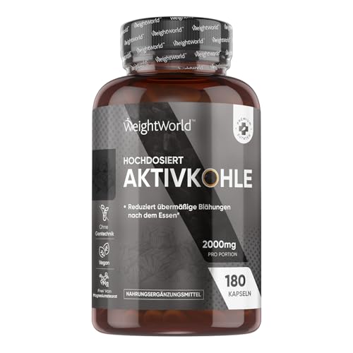 Aktivkohle Kapseln - 2000mg pro Portion - 180 vegane Kapseln - Quelle von Eukalyptus und Acacia Nilotica Rinde - Alternative zu Aktivkohle Tabletten & Kohletabletten - 1 Monate Vorrat - WeightWorld