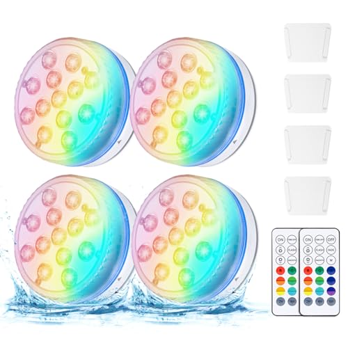 Nalezuns Unterwasser Licht,4 Stück 13 LED Poolbeleuchtung Unterwasser, LED Poollicht Beleuchtung mit RF Fernbedienung, RGB Farbwechsel Pool Dekolichter für Schwimmbad, Brunnen, Teich, Aquarium, Party
