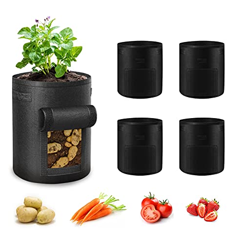 Ohiyoo Kartoffel Pflanzsack 5 Stück 10 Gallonen Kartoffel Pflanzsack, 38 L Pflanztaschen mit Sichtbarer Klappe und Griffen, Garten Pflanzbeutel für Gemüse, Kartoffel, Tomaten (10 Gallone, 38 L)