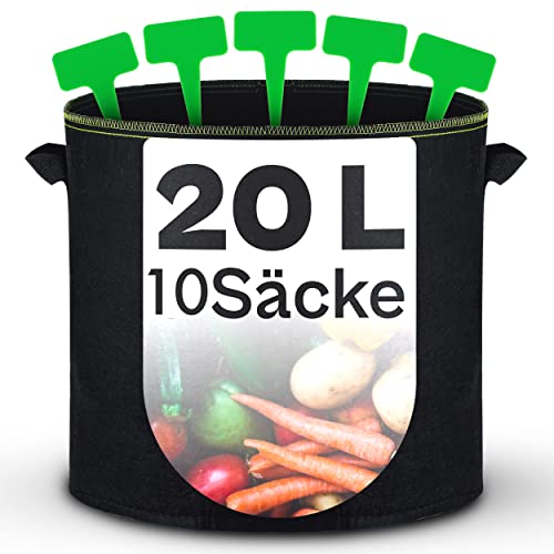 Praknu Pflanzsack 20l - 10 STK aus Vliesstoff mit Pflanzenschilder zum Beschriften Mit Griff - Für Kräuter, Blumen und Erdbeeren