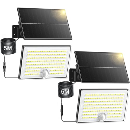 Realky Solarlampen für Außen mit Bewegungsmelder, IP65 Wasserdichte Solar Strahler mit 5m Kabel für Garage, Garten, Hof, Stufen, Haustüren-2 STÜCK