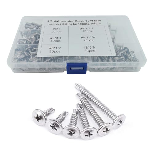 HYSHLC Selbstschneidende Schrauben Set, 185 Stück Selbstschneidende Kreuzkopf Bohrschrauben 410 Edelstahl Selbstschneidend Blechschrauben 4.2 x 13mm/ 16mm / 19mm / 25mm / 32mm / 38mm (Kreuzkopf)