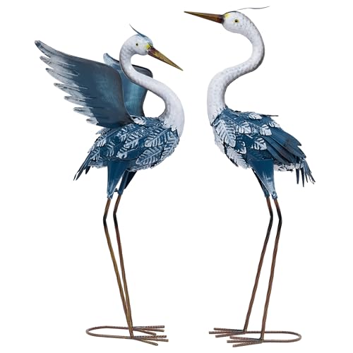 TERESA'S COLLECTIONS Gartendeko für draußen, Fischreiher Metall Kraniche Gartenfiguren für Teich 2er Set 66/63cm große Vogel Kranich im Rost-Optik Dekofiguren Fischteich,Geschenke für Frauen(Blau)