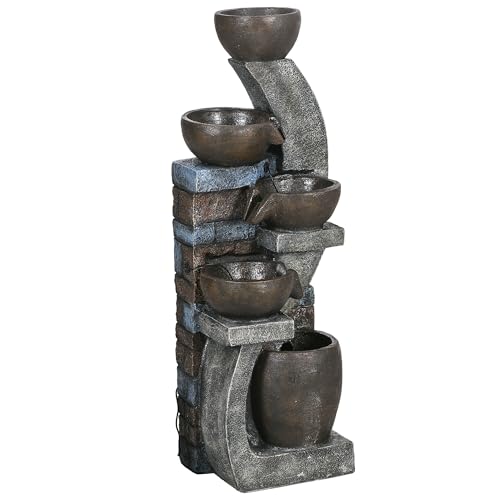 Outsunny Gartenbrunnen, Solar Springbrunnen, Zierbrunnen mit LED-Beleuchtung, 5 Stufen, Wasserbrunnen für Garten, Terrasse, Kunstharz, 37 x 35 x 107 cm