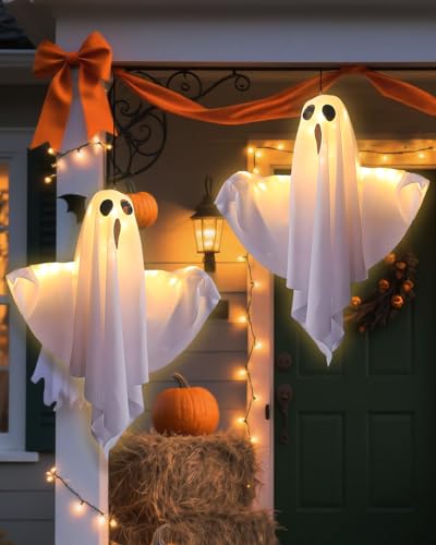 Halloween Deko Geist Mit Warmweißen LED, 2 Stück 50cm Halloween Geistergesicht Windsack, Hängende Dekoration Geeignet für Hof, Garten, Terrasse, Rasen, Partydekor