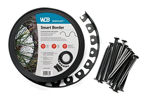 WDB Flexible Rasenkante aus Kunststoff - 20m Lang 4cm Hoch - mit 40 Befestigungsnägel - Schwarz - RAL 9005