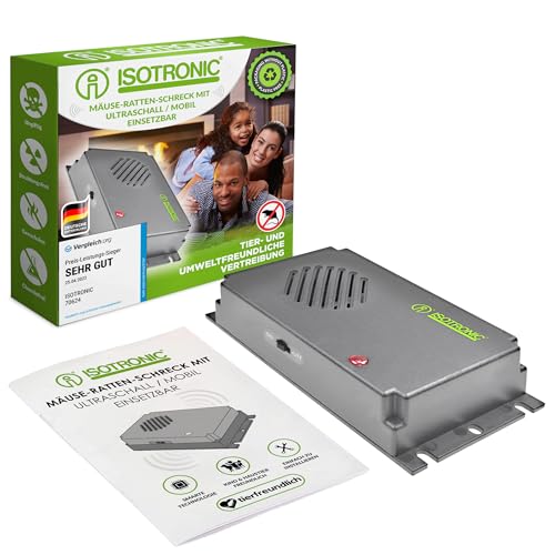 ISOTRONIC Mäusevertreiber mit Ultraschall gegen Mäuse & Ratten | batteriebetriebener Mäuseschreck für Keller, Dachböden, Garagen UVM. | tierschonend & sicher | 40 m² Wirkungsbereich