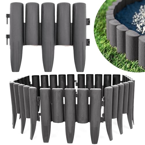 KRUMAD Rasenkante Kunststoff Holzoptik, 10 Stück Set 2,8 Meter, Höhe 24 cm, Beeteinfassung Garten, Flexible Beetumrandung, Witterungsbeständig, UV- & Frostfest, Einfacher Aufbau, Anthrazit