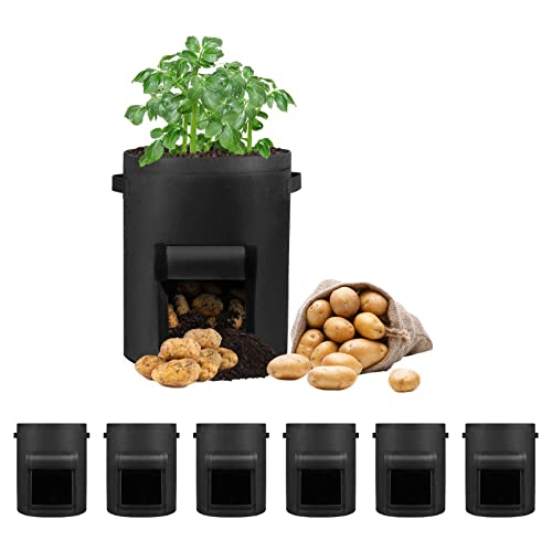 LITLANDSTAR 6 Stück 10 Gallonen Kartoffel Pflanzsack, Kartoffel Pflanzsack aus Vliesstoff mit Sichtbarer Klappe und Griffen für Pflanze Tomaten, Kartoffeln, Gemüse und Blumen（35 x 40 cm, Schwarz）