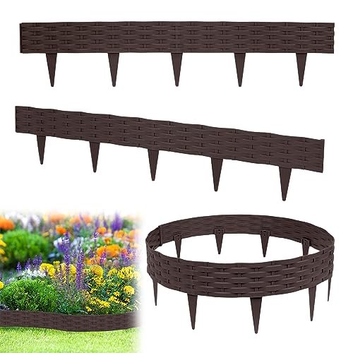 CEEDIR 15m Rasenkante Beeteinfassung in Rattan-Optik Gartenpalisade Mähkante Beetumrandung Randsteine aus Kunststoff UV-beständig Wetterfest mit 15 Elemente á 100 cm (15 Stück, Braun)