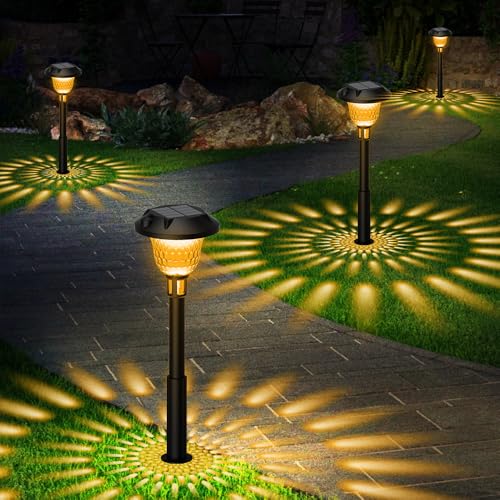 Ainostone Solarlampen für Außen Garten 4 Stück Solarleuchten mit 2 Farbemodi Warmweiß + RGB Muster IP65 Wasserdicht Auto Ein/Aus LED Gartenleuchten für Weg Balkon Terrasse Weg Gehweg Rasen Party Deko