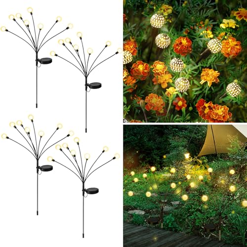 FLOWood Solarlampen für Außen, 4 Stück Solar Gartendeko für Draußen mit 8 LED Lichter, 2 Lichtmodis IP65 Wasserdicht Warmweiß Solarleuchten Garten für Hof, Gehweg (Kristallkugel Garten Lichter)