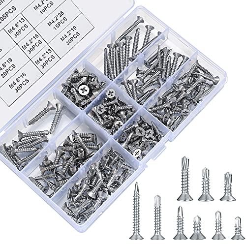 205 Stk M4.2 M4.8 Blechschrauben selbstschneidende Schrauben 410Edelstahl Metall Bohrschrauben, Selbstbohrende Schraube Set, Senkkopf Kreuzschlitzschrauben für Blechbefestigung, 13/16/19/25/32mm