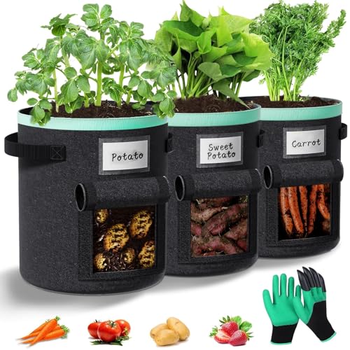 Paerduo Kartoffel Pflanzsack 38 Liter 3 Stück: Pflanzsäcke mit Griffen und Sichtfenster Kartoffelpflanzsäcke Kartoffelsack zum Pflanzen für Gemüse Blumen Früchte (Schwarz, 10 Gallonen)