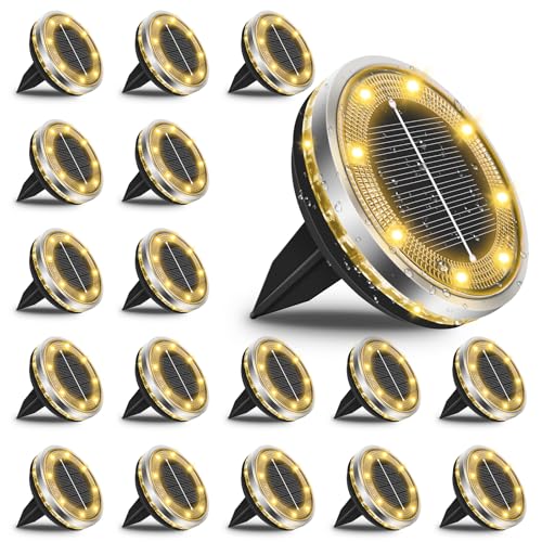 Bowfar 18 Stück Solar Bodenleuchten Aussen, IP65 Wasserdicht Solarlampen 12 LEDs Gartenbeleuchtung Solar Mit Upgrade Solarpanel, Warmweiß Solarleuchten für Garten, Rasen, Gehweg, Patio, Auffahrt