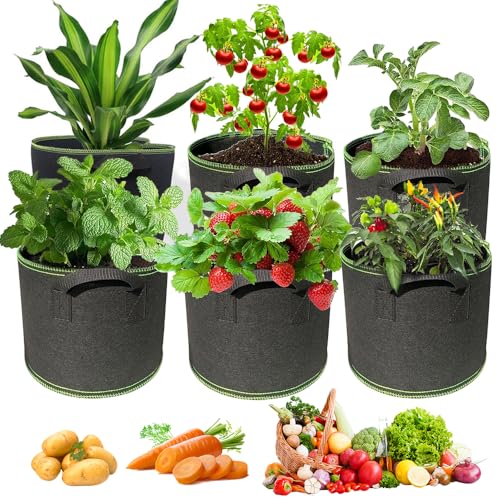 YANGUN Pflanzsack, 6 Stück Pflanzsack aus Vliesstoff mit Griffen für Gemüse, 19 L Pflanzsack, 5 Gallonen Pflanztasche, Wiederverwendbare Pflanzsäcke für Gemüse, Kartoffeln, Tomaten, Blumen (Schwarz)