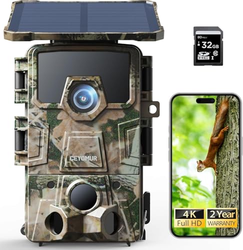 CEYOMUR Solar Wildkamera 4K 30fps, 60MP Wi-Fi 6 Wildkamera mit 120° Erfassungs Winkel Bewegungsmelder Nachtsicht 0,1s Auslösezeit Wiederaufladbare 5200mAh Akku mit 32GB SD-Karte IP66 Wasserdicht