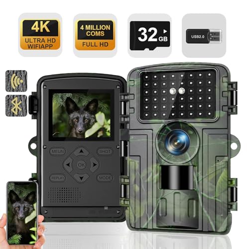 Wildkamera, 4K Video Wildtierkamera, 60MP Full HD WLAN mit Handyübertragung APP, Bewegungssensor, Nachtsicht, 0,1s Auslösezeit, Infrarot Wildkamera mit 32G Speicherkarte & Kartenleser IP66 Wasserdicht