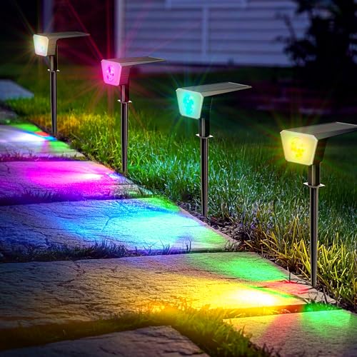 FIFlying Solarlampen, 4 Stück RGB Solarstrahler für Außen, IP67 Wasserdicht LED Solarleuchte, Solar Gartenleuchte für Rasen, Hof, Wege, Garten, Außen, Beleuchtung der Garageneinfahrt - RGB