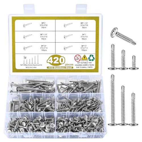 420 Pcs Bohrschrauben Selbstschneidend, Edelstahl Schrauben Kit, Selbstbohrende Schraube, Schrauben Bohrschrauben Set - 4,2 mm x 13/19/25/32/38/50 mm