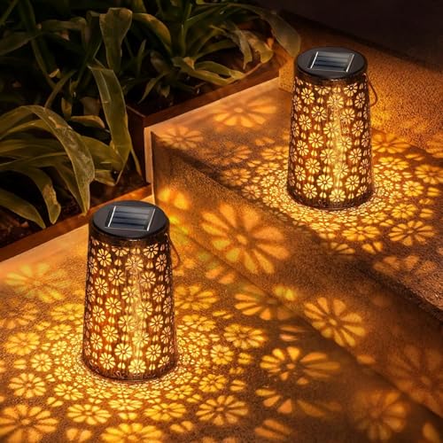 Solarlampen für Außen, 2 Stück Vintage LED Gartenleuchte mit Blumenmotiv, IP65 Wasserdicht & Automatische Beleuchtung Solarlaterne für Außen, Dekolaterne für Balkon Terrasse Camping Rasen Hinterhöfe