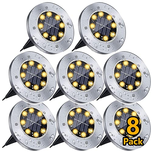 Solar Garten Bodenleuchte, 8 LED Solarlampe Außenleuchte, IP65 Wasserdicht Gartenleuchten, Solarleuchte für Gehwege, Rasen, Stufendecks, Auffahrt, Zäune, Terrasse, Landschaft (Warmweiß, 8 Stück)